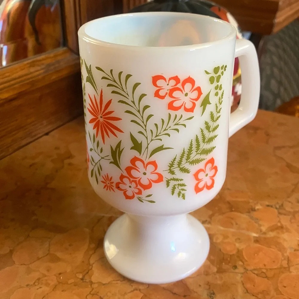 Vintage Milk Glass Pedestal Mug MCM floral